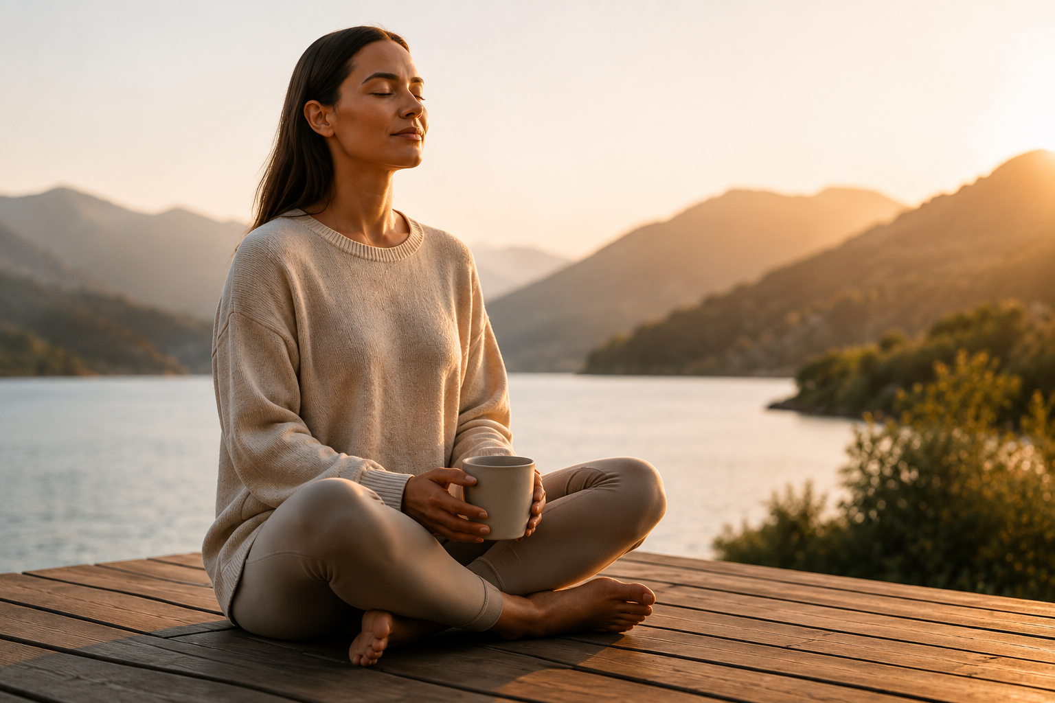 Woman enjoying a quiet moment beside a lake