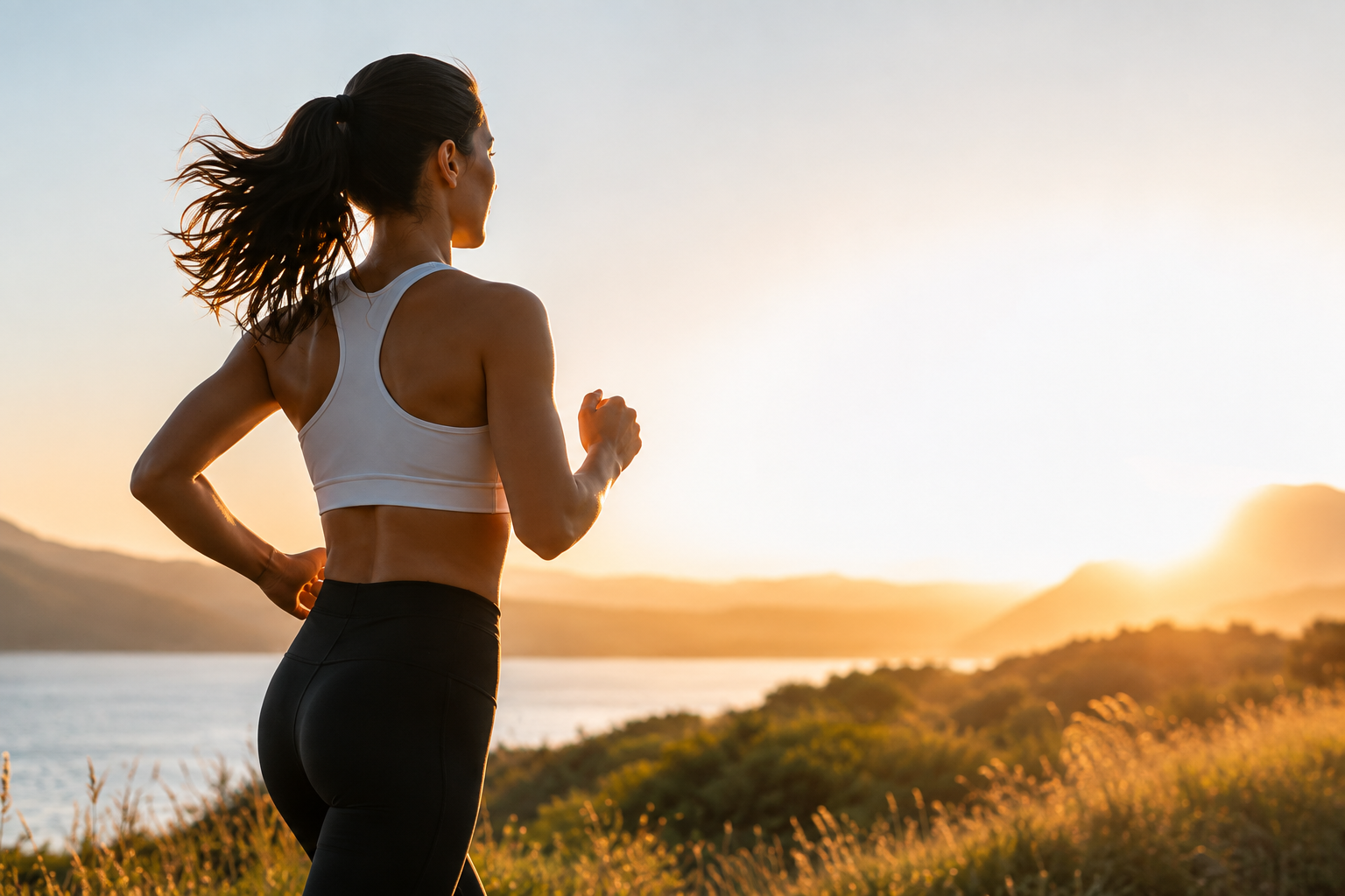 Woman running outdoors at sunset